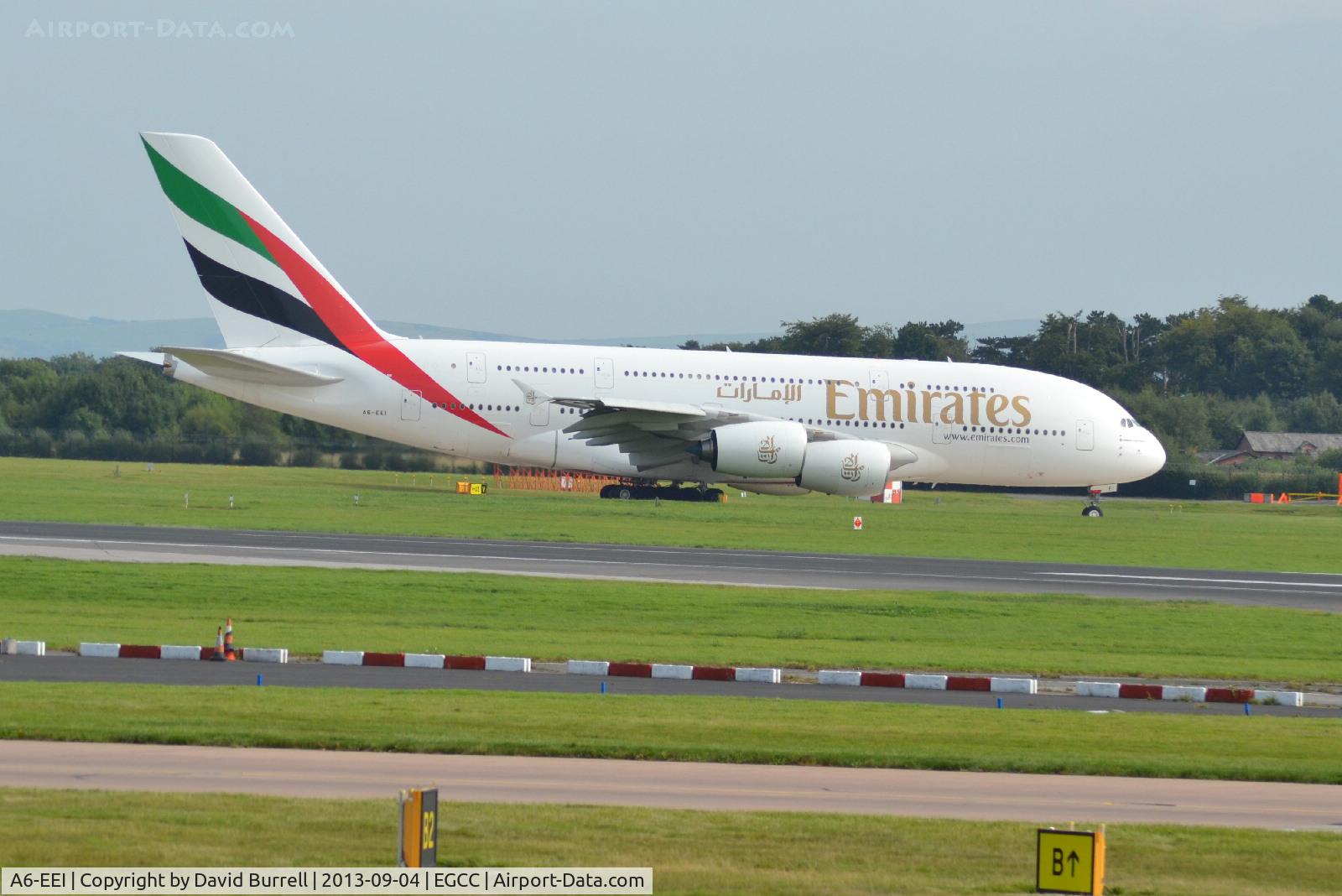 A6-EEI, 2012 Airbus A380-861 C/N 123, Emirates Airbus A380-861 A6-EEI taxing for take off at Manchester Airport.