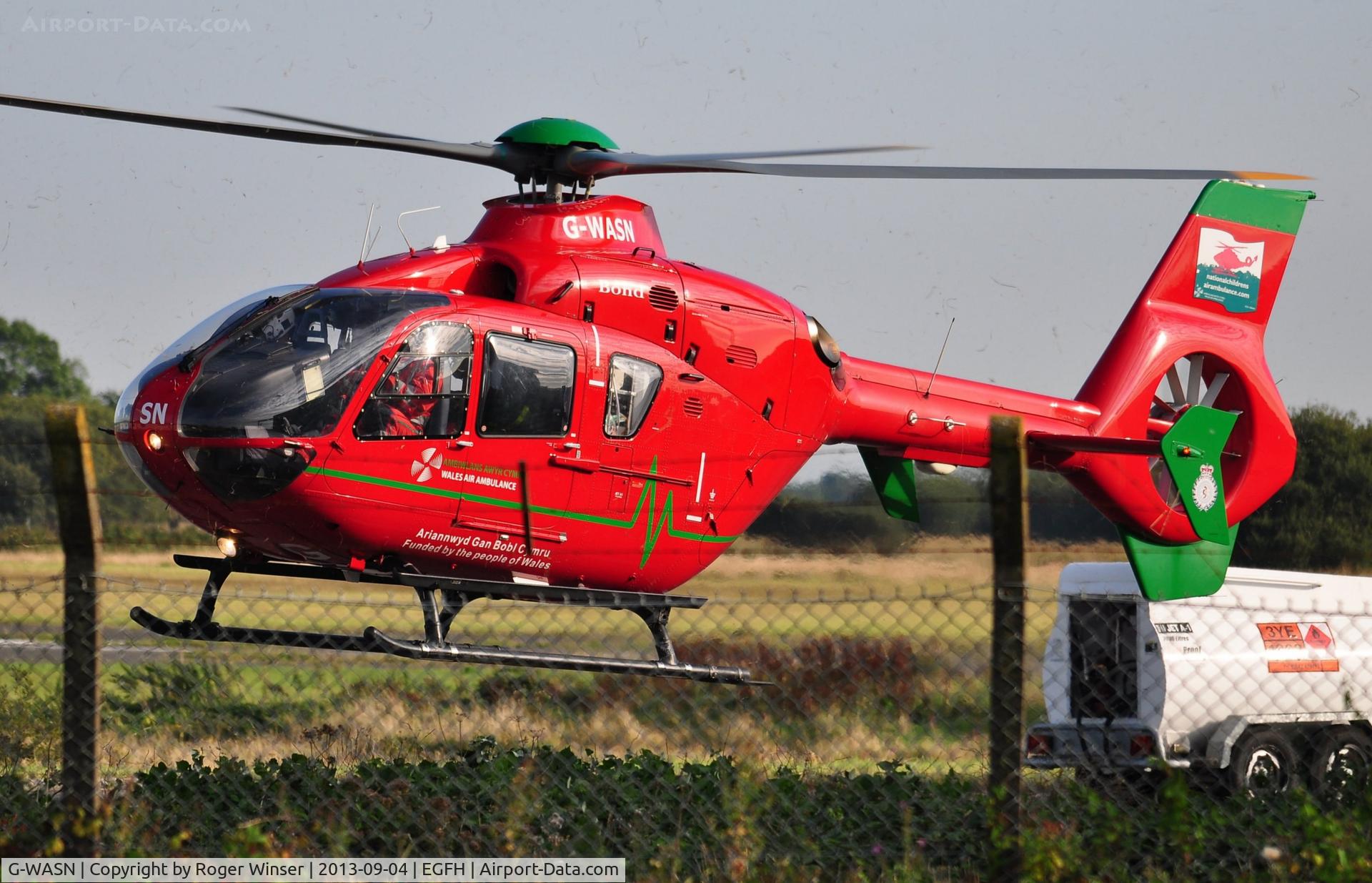 G-WASN, 2008 Eurocopter EC-135T-2+ C/N 0746, Wales Air Ambulance helicopter (Helimed 57) returning to base.