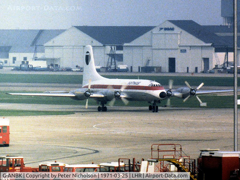 G-ANBK, 1957 Bristol 175 Britannia 102 C/N 12912, Britannia 102 of Northeast Airlines as seen at Heathrow in March 1971.