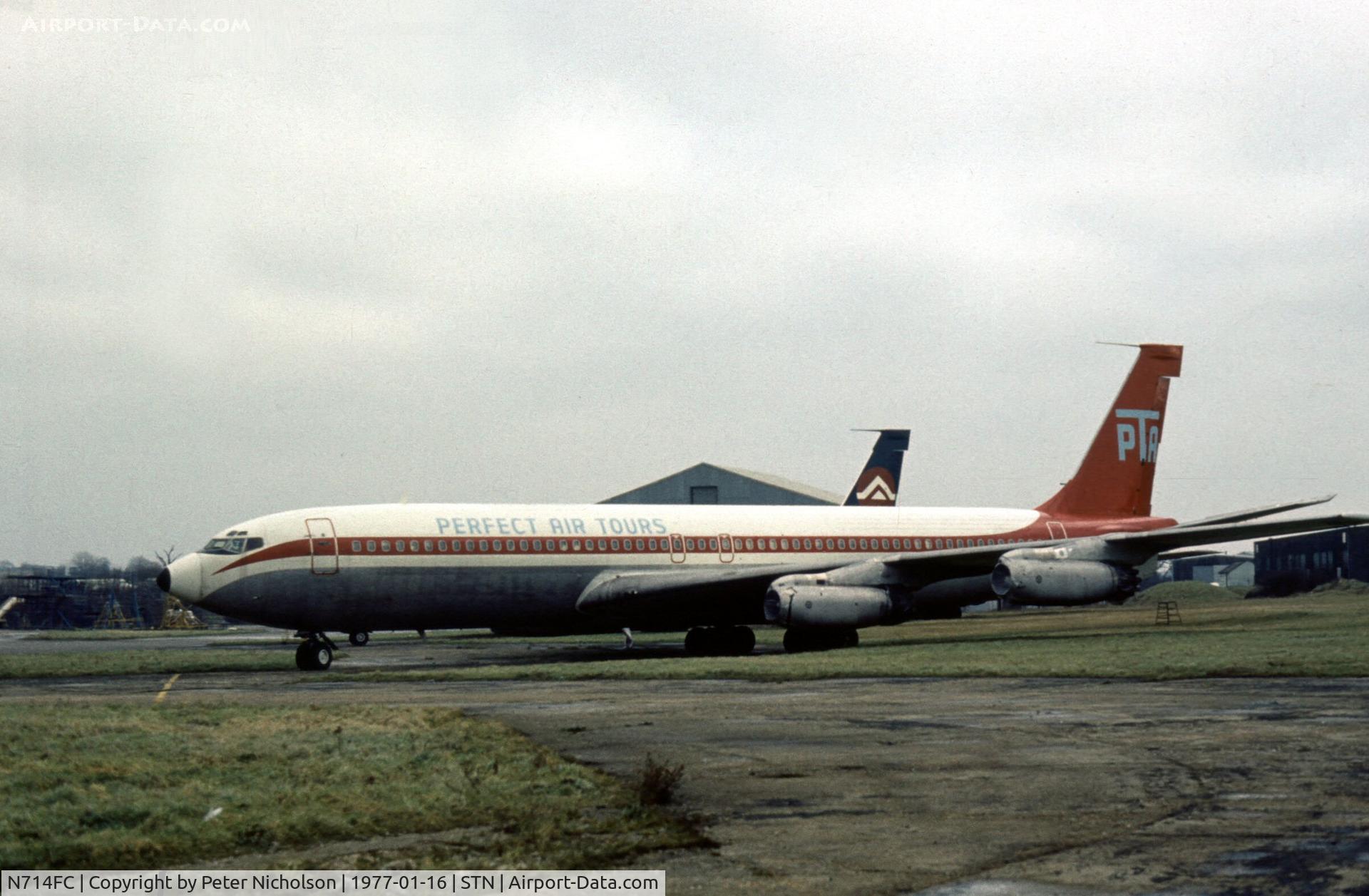 N714FC, 1959 Boeing 707-321 C/N 17592, Boeing 707-321 of Perfect Air Tours as seen at Stansted in January 1977.