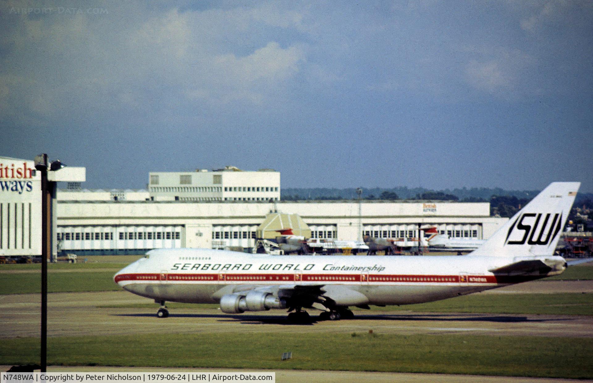 N748WA, 1973 Boeing 747-273C C/N 20652, Boeing 747-273C of Seaboard World preparing to depart from Heathrow in the Summer of 1979.