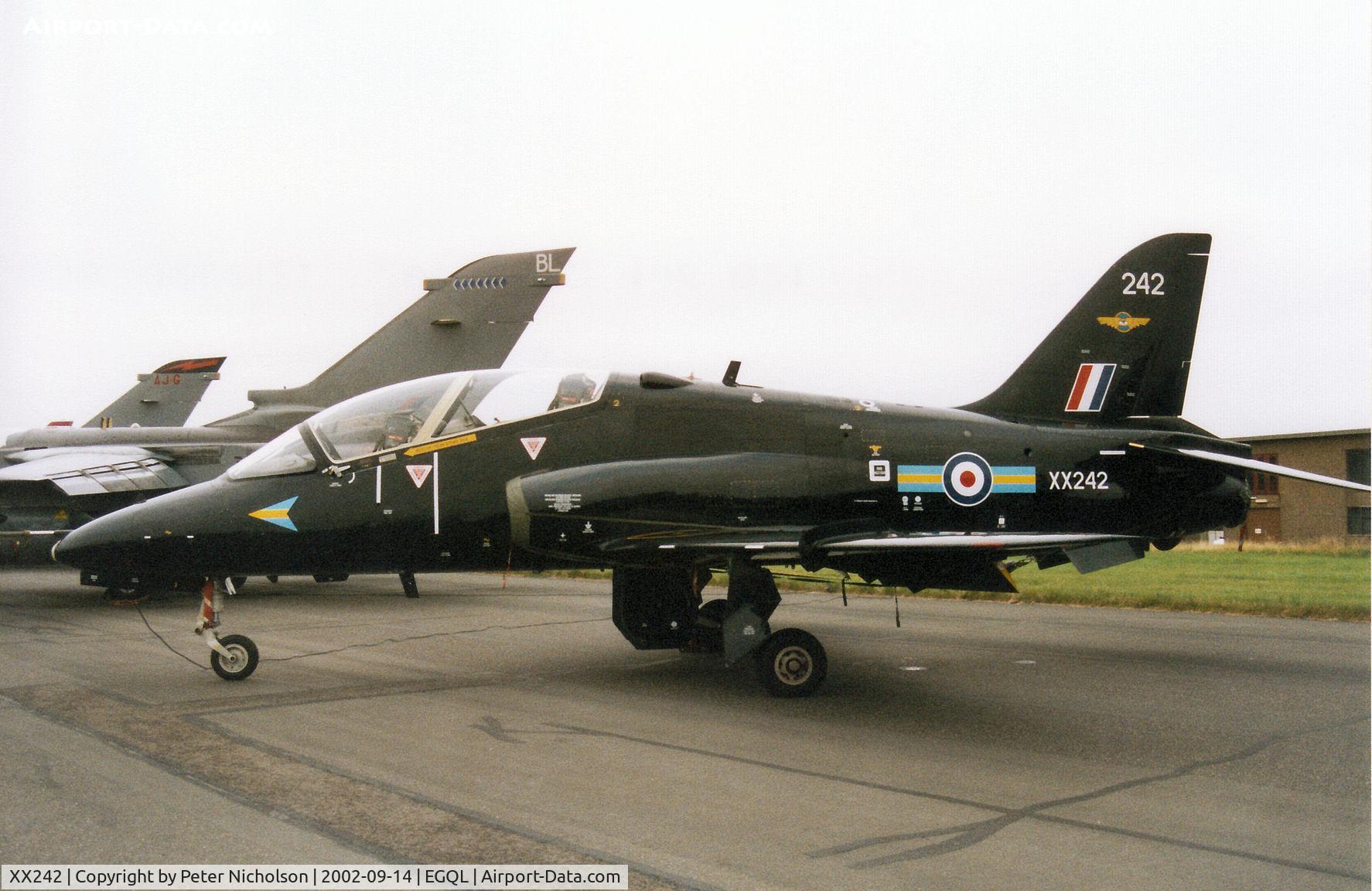 XX242, 1978 Hawker Siddeley Hawk T.1 C/N 078/312078, Hawk T.1, Callsign Bacardi 1, of 208[Reserve] Squadron on display at the 2002 RAF Leuchars Airshow.