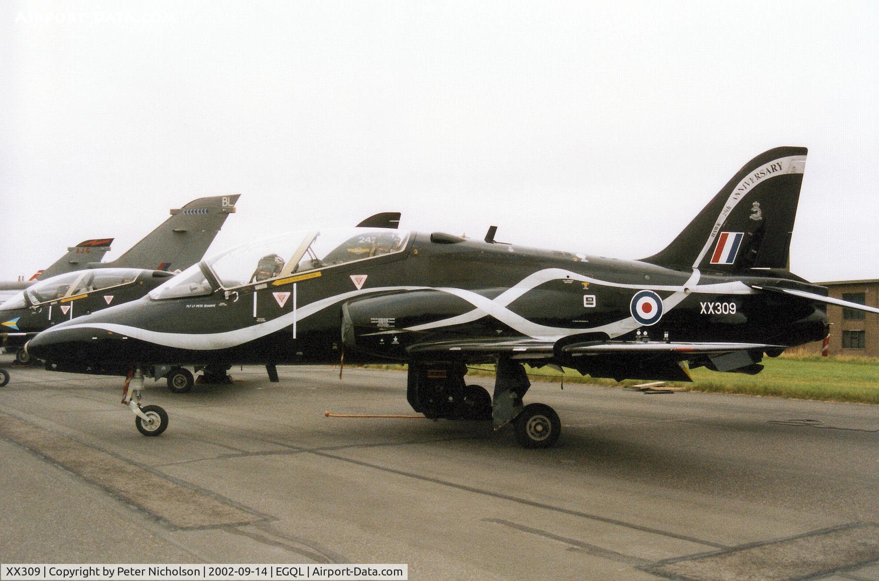 XX309, 1980 Hawker Siddeley Hawk T.1 C/N 144/312134, Hawk T.1, callsign Bacardi 2, of 208[Reserve] Squadron on display at the 2002 RAF Leuchars Airshow.