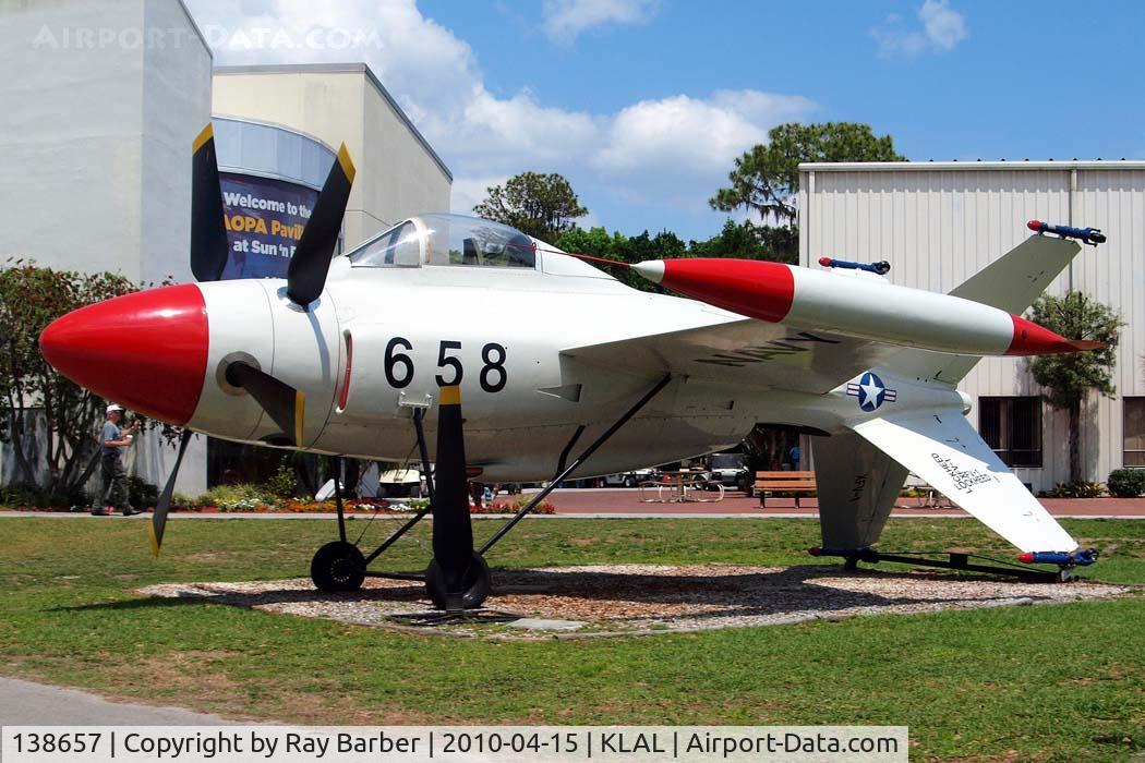 138657, Lockheed XFV-1 C/N 081-1001, Lockheed XFV-1 Salmon [081-1001] Lakeland-Linder~N 15/04/2010. 138658 is incorrectly associated with this aircraft the 658 was applied when repainted. This was cancelled see Wikipedia for confirmation.