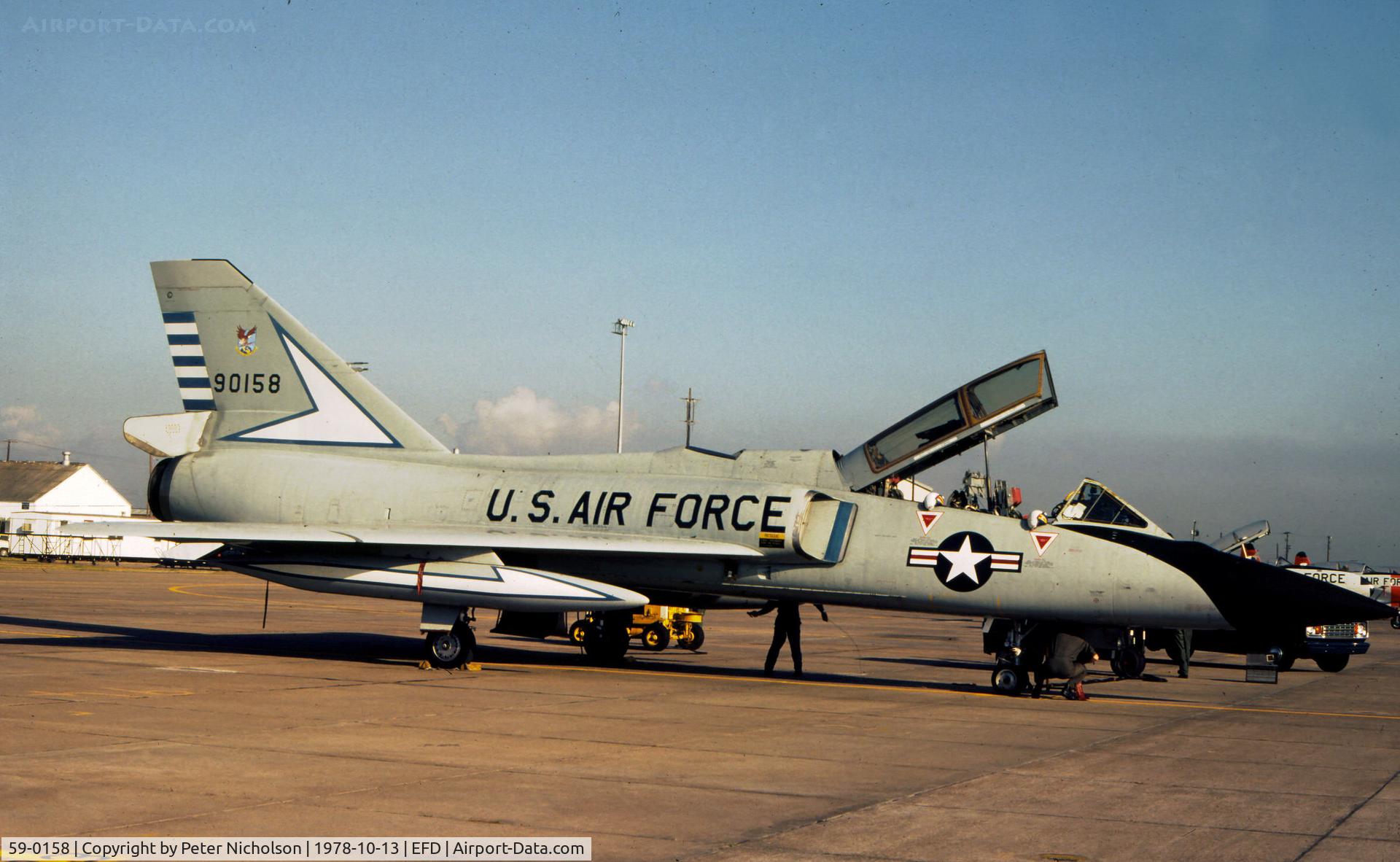 59-0158, 1959 Convair QF-106B Delta Dart C/N 8-32-10, F-106B Delta Dart as seen at Ellington AFB in October 1978 was later converted to QF-106B.