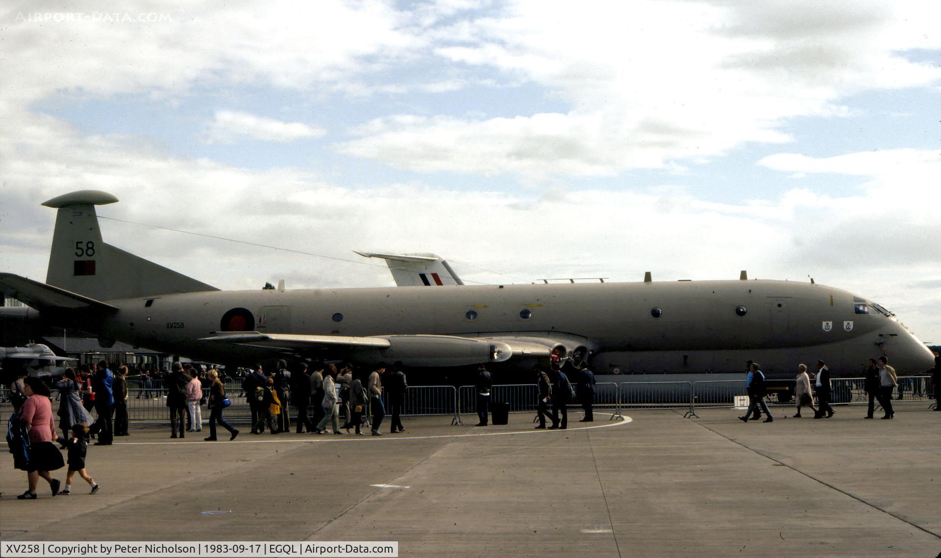 XV258, Hawker Siddeley Nimrod MR.1 C/N 8033A, This Kinloss Wing Nimrod MR.1 was on display at the 1983 RAF Leuchars Airshow.