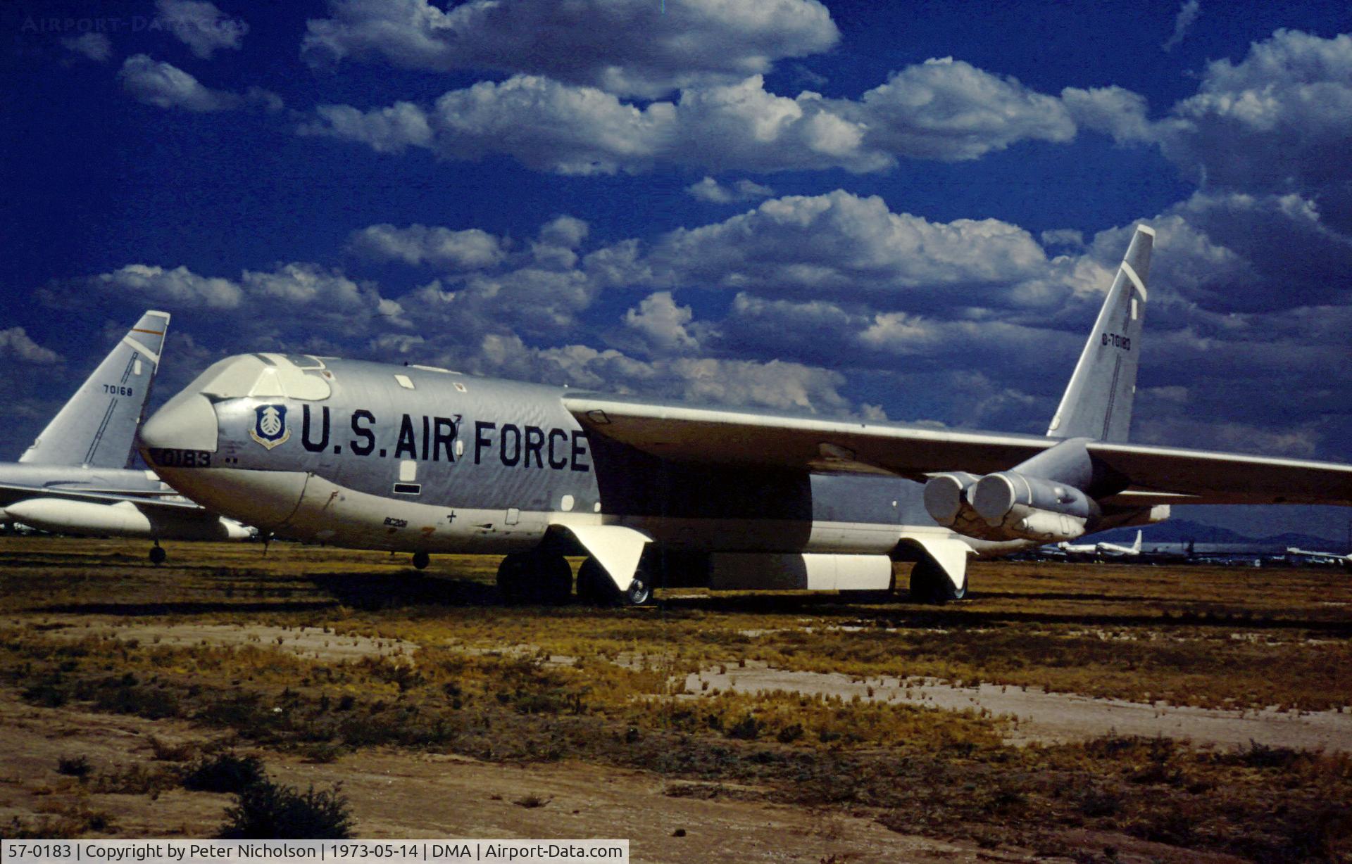 57-0183, 1957 Boeing B-52F Stratofortress C/N 464172, Air Force Systems Command B-52F Stratofortress in storage in May 1973 at what was then known as the Military Aircraft Storage & Disposition Centre (MASDC).