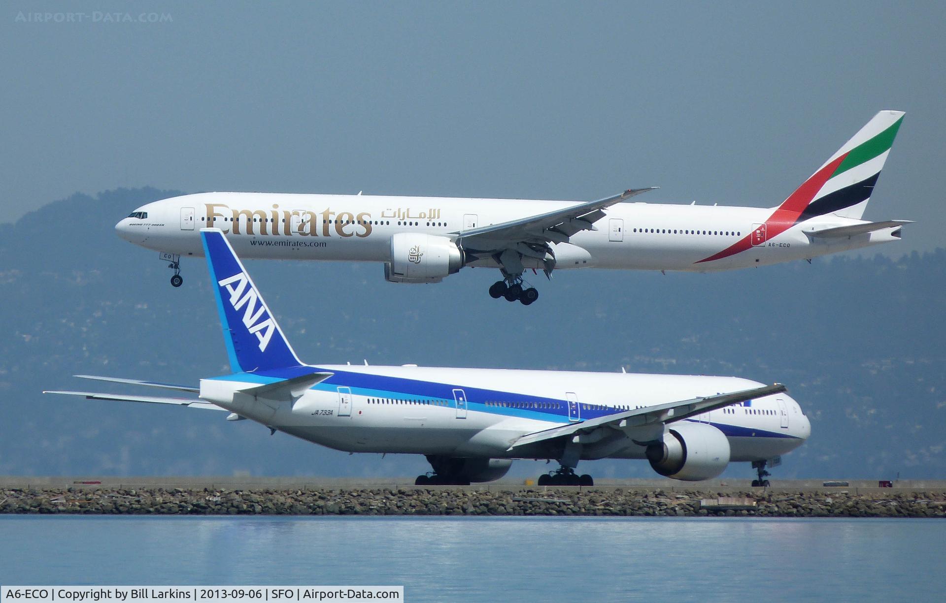 A6-ECO, 2009 Boeing 777-36N/ER C/N 37706, Landing at SFO - a different kind of photo.