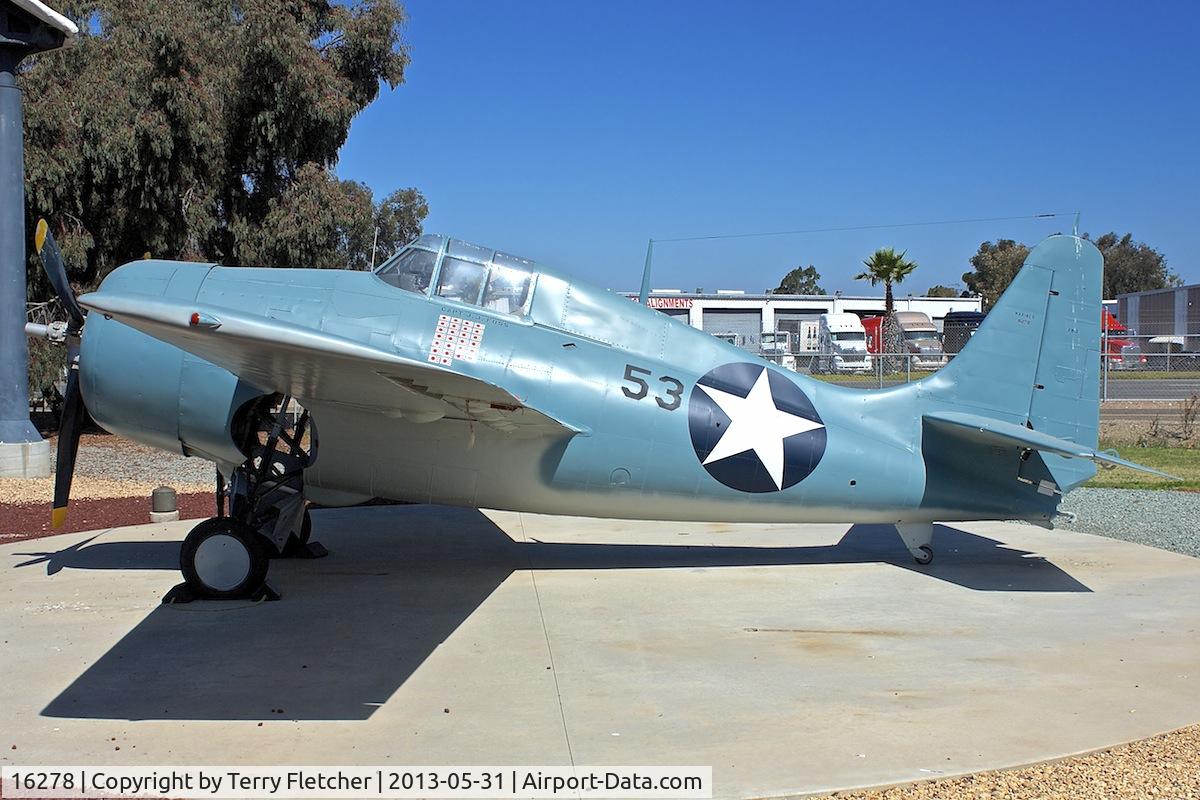 16278, General Motors FM-2 Wildcat C/N 1477, Ditched in Lake Michigan Jun 26, 1945 and salvaged early 1990s. In 1997 was displayed at National Museum of Naval Aviation.  Now on display at Flying Leathernecks Museum ,Miramar, San Diego ,CA