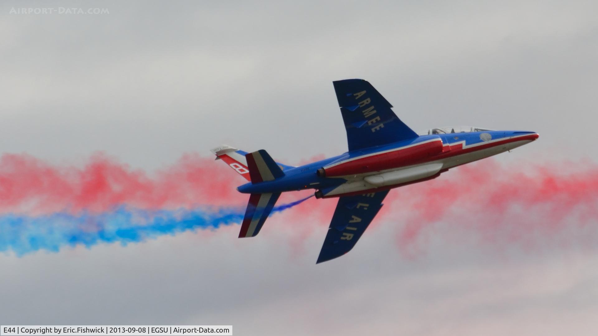 E44, Dassault-Dornier Alpha Jet E C/N E44, FAF Patrouille de France Alpha Jet at The Duxford Air Show, Sept. 2013.