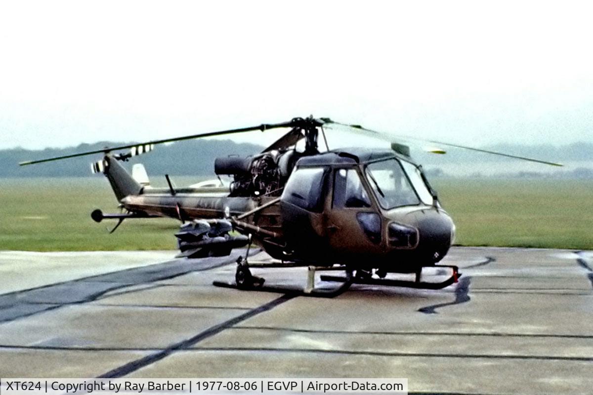 XT624, 1966 Westland Scout AH.1 C/N F9630, Westland Scout AH.1 [F.9630] (Army Air Corp) AAC Middle Wallop~G 06/08/1977. Taken from a slide.