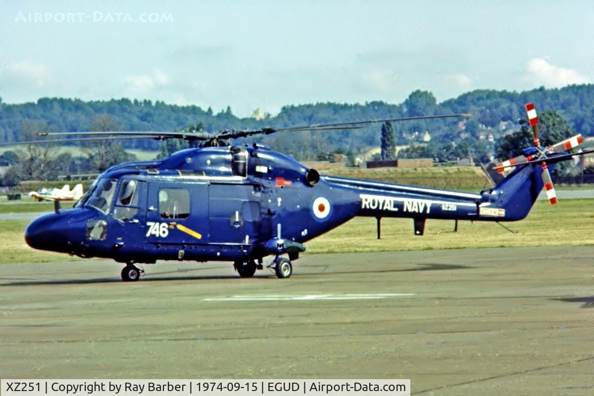 XZ251, 1978 Westland Lynx HAS.2 C/N 088, Westland Lynx HAS.2 [088] (Royal Navy) RAF Abingdon~G 15/09/1974. This was written off when bombed by the Argentinians aboard HMS Ardent in the South Pacific 21-05-1982.Image from a slide.