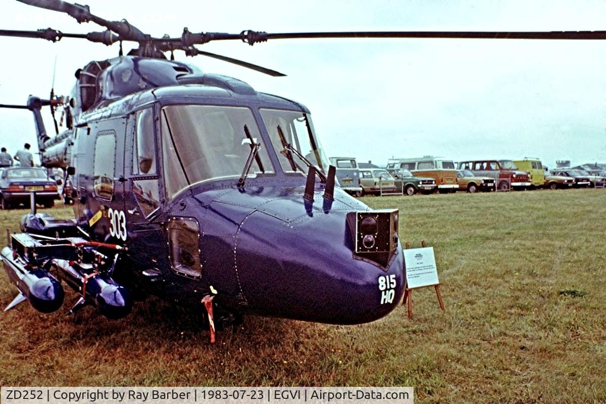 ZD252, 1982 Westland Lynx HAS.3 C/N 255, Westland Lynx HAS.3 [255] (Royal Navy) RAF Greenham Common~G 23/07/1983. Taken from a slide.