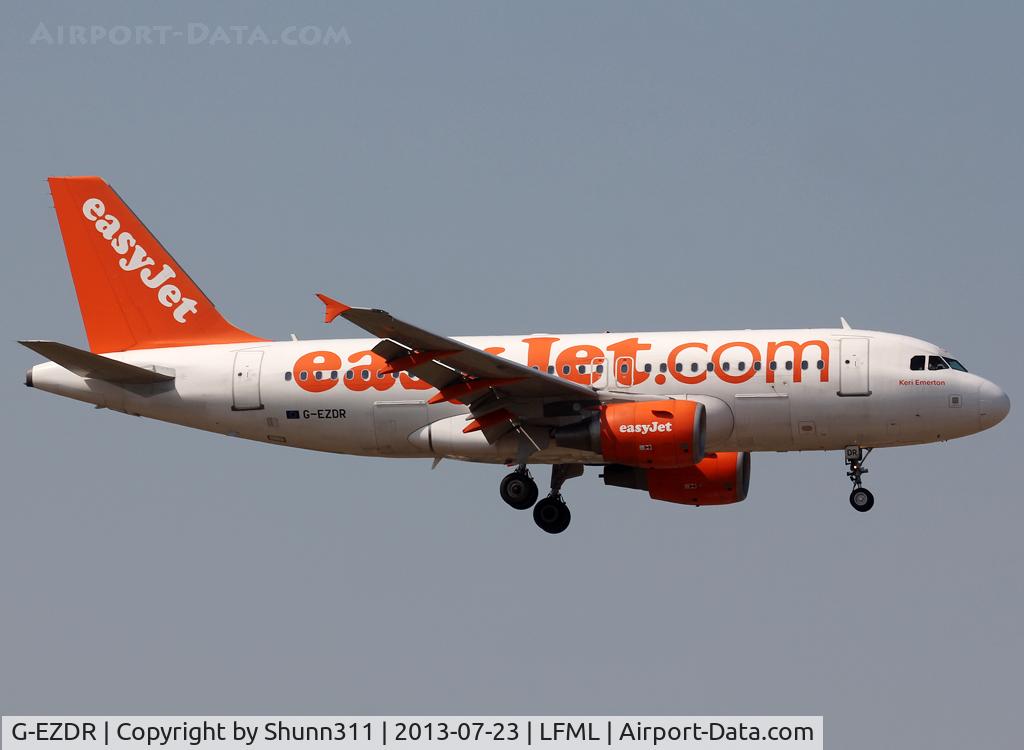G-EZDR, 2008 Airbus A319-111 C/N 3683, Landing rwy 31R with additional 'Keri Emerton' titles