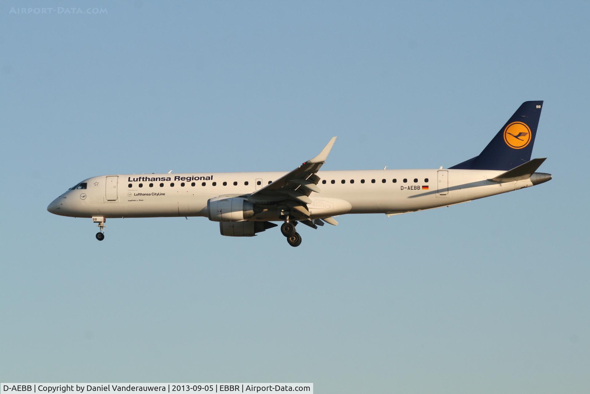 D-AEBB, 2009 Embraer 195LR (ERJ-190-200LR) C/N 19000316, Arrival of flight LH2282 to RWY 25L
