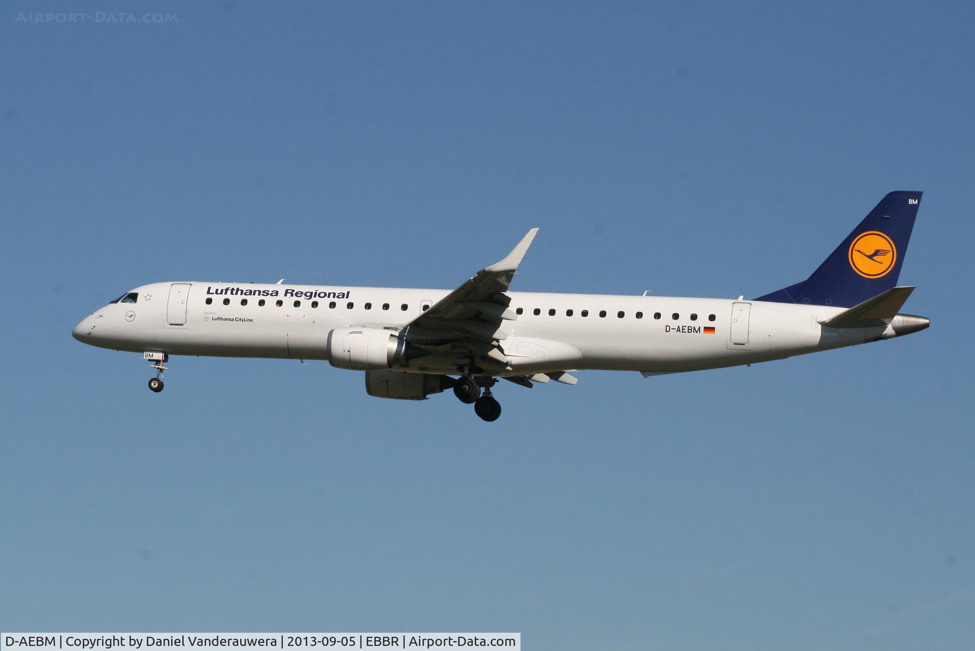 D-AEBM, 2012 Embraer 195LR (ERJ-190-200LR) C/N 19000523, Arrival of flight LH2284 to RWY 25L