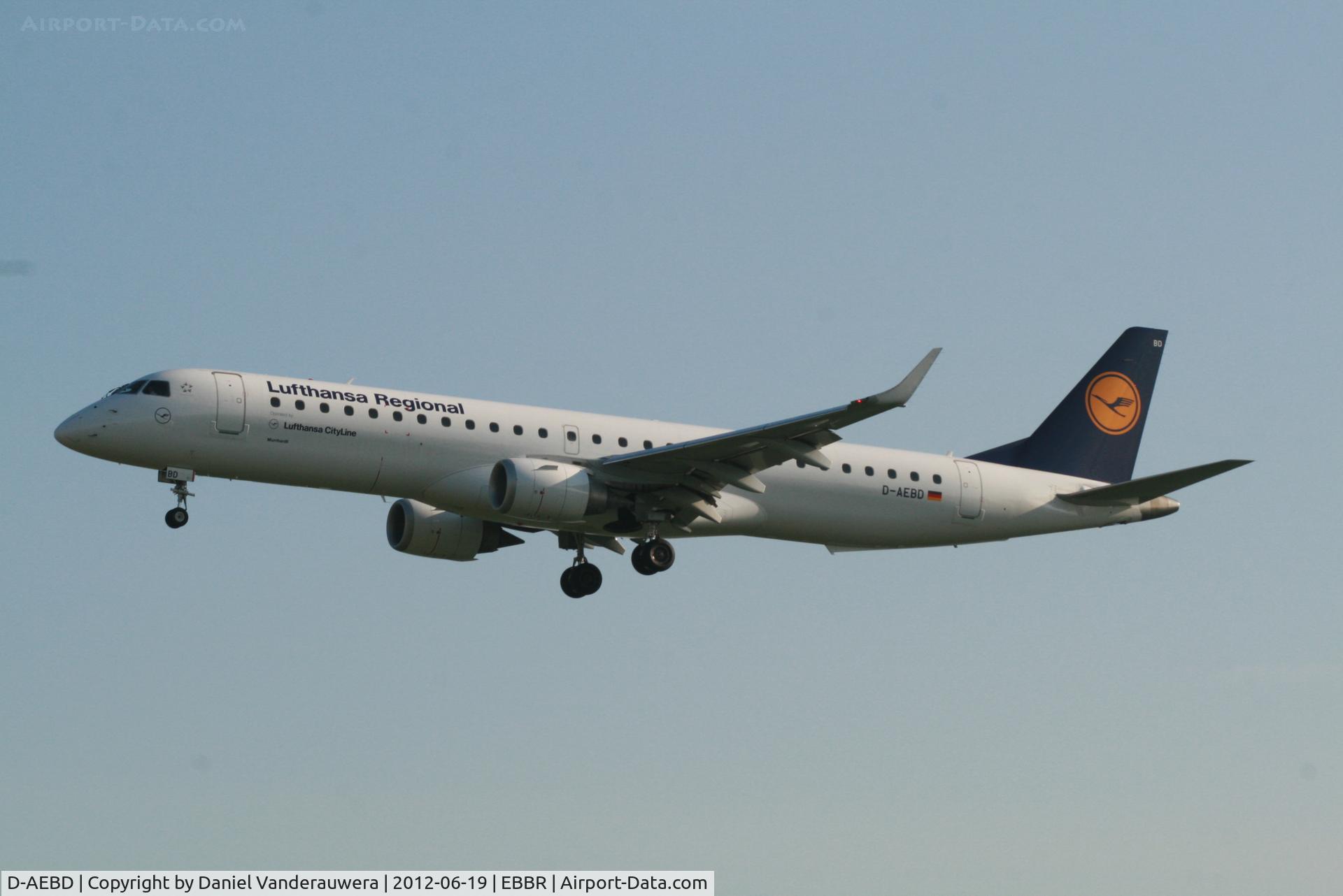 D-AEBD, 2009 Embraer 195LR (ERJ-190-200LR) C/N 19000324, Arrival of flight LH2282 to RWY 25L