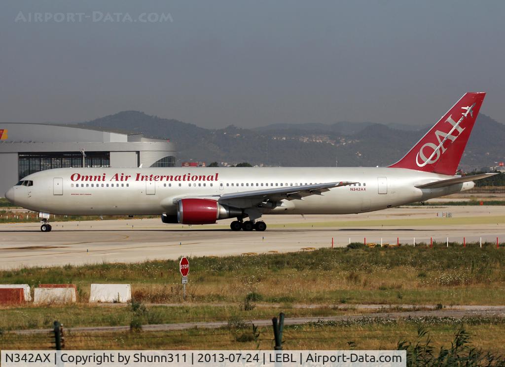 N342AX, 1993 Boeing 767-328ER C/N 27136, Lining up rwy 25R for departure...
