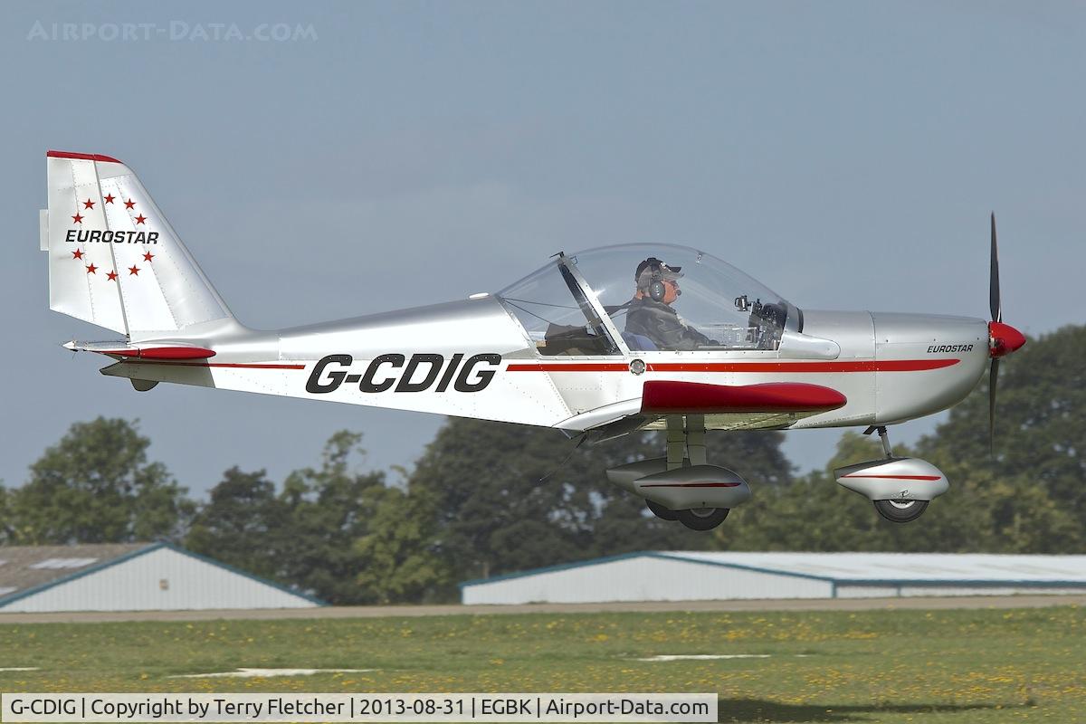 G-CDIG, 2005 Aerotechnik EV-97 Eurostar C/N PFA 315-14353, Arriving at the 2013 Light Aircraft Association Rally at Sywell in the UK