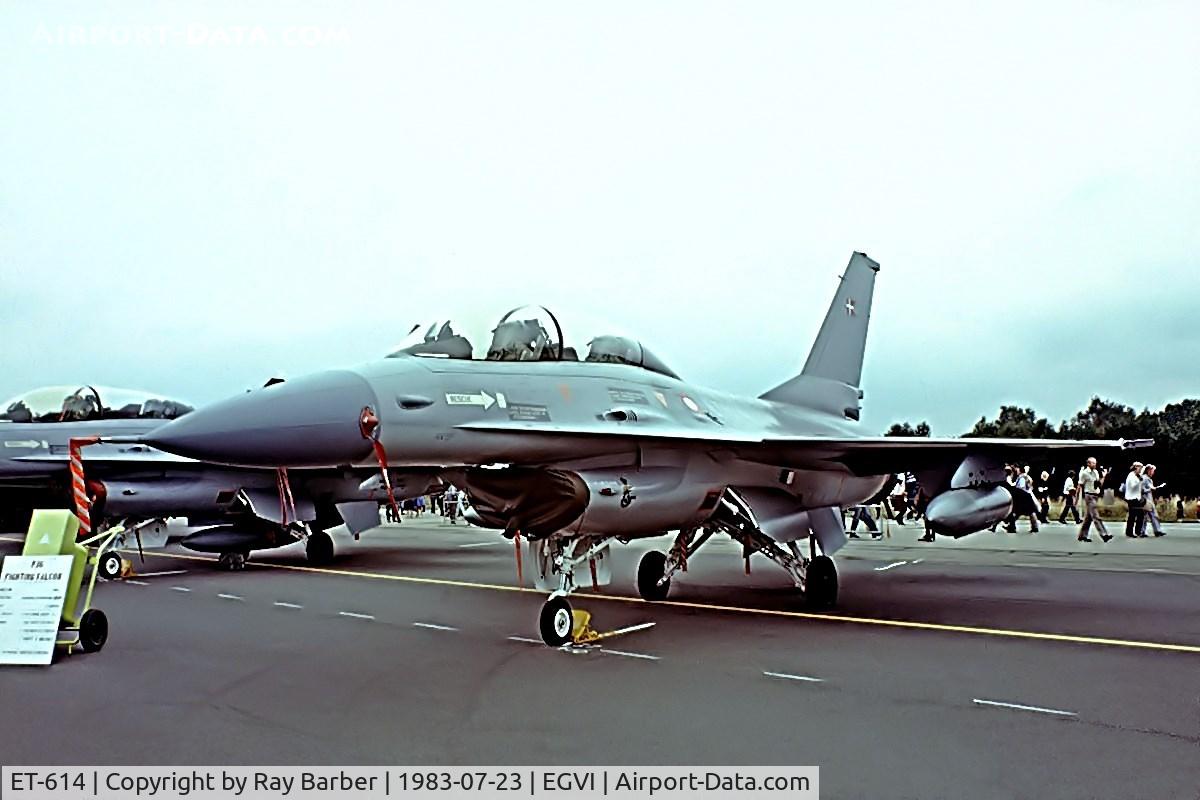 ET-614, 1980 SABCA F-16B Fighting Falcon C/N 6G-11, General Dynamics F-16B Fighting Falcon [6G-11] (Royal Danish Air Force) RAF Greenham Common~G 23/07/1983. Taken from a slide.
