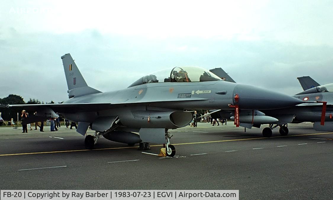 FB-20, 1980 General Dynamics F-16BM Fighting Falcon C/N 6J-20, General Dynamics F-16B Fighting Falcon [6J-20] (Belgian Air Force) RAF Greenham Common~G 23/07/1983. Image from a slide.