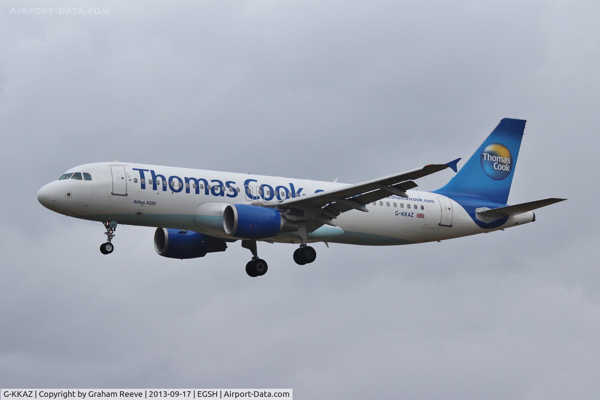 G-KKAZ, 2003 Airbus A320-214 C/N 2003, About to land at Norwich.