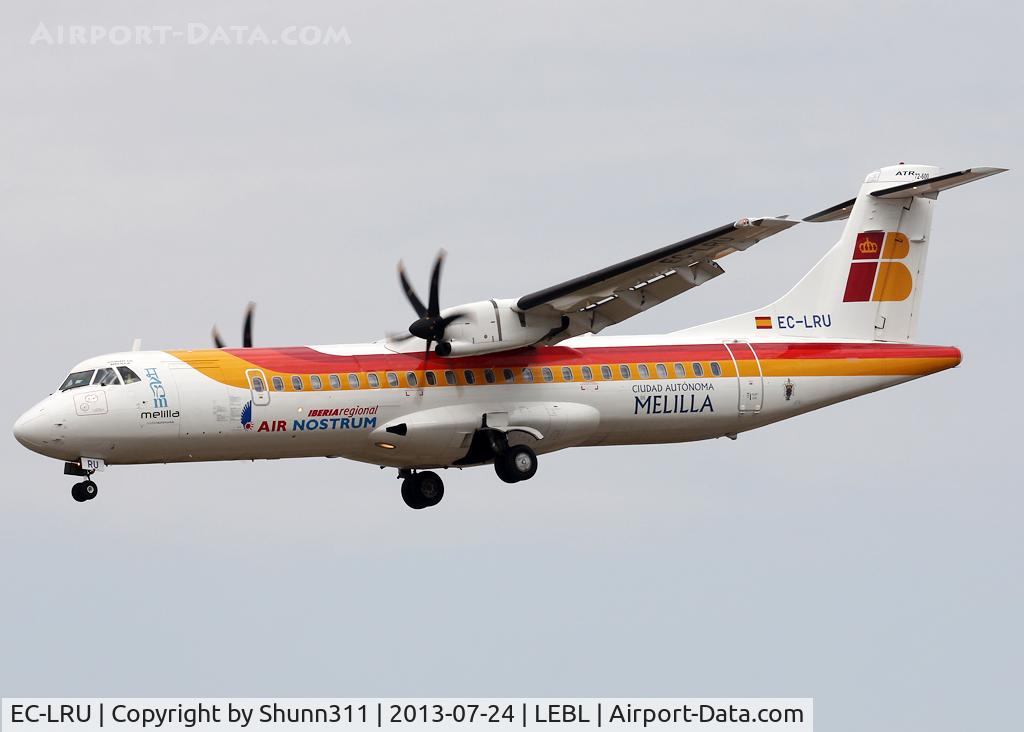 EC-LRU, 2012 ATR 72-600 C/N 1032, Landing rwy 25R with additional promoting 'Ciudad de Melilla' titles