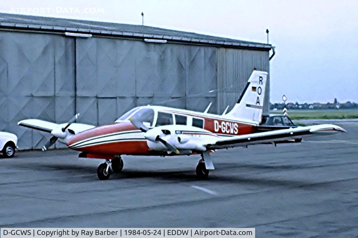 D-GCWS, Piper PA-34-200 C/N 34-7250145, Piper PA-34-200 Seneca [34-7250145] Bremen~D 24/05/1984. .Written off just over a year later. Image from a slide.