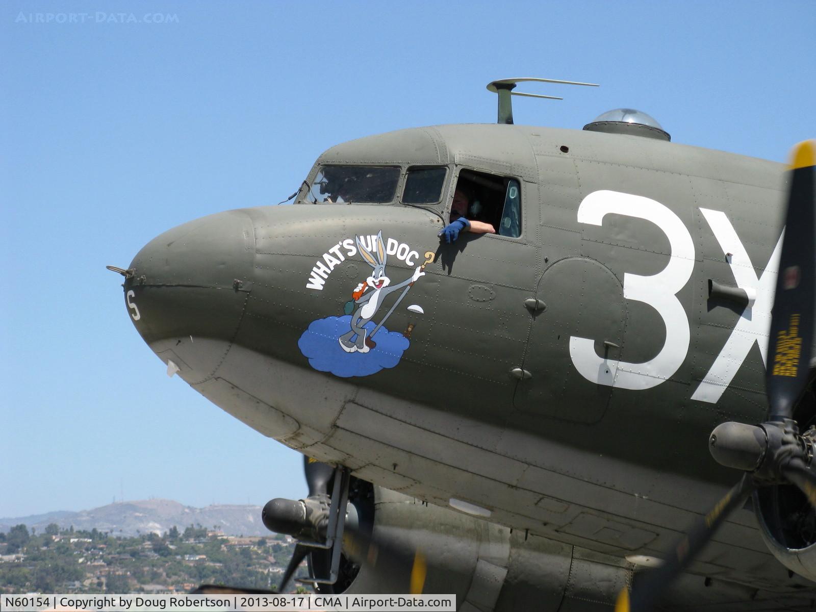 N60154, 1943 Douglas C-47B-25-DK Skytrain (Dakota III) C/N 16007/32755, 1943 Douglas DC-3C as C47B 'What's Up Doc?', parachute jump plane, two P&W R-1830-92 14 cylinder radials, 1,200 Hp each, aircraft logo