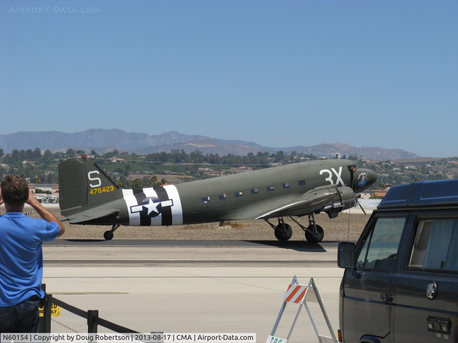 N60154, 1943 Douglas C-47B-25-DK Skytrain (Dakota III) C/N 16007/32755, 1943 Douglas DC-3C as C47B 'What's Up Doc?', two P&W R-1830-92 14 cylinder radials 1,200 Hp each, taxi back after landing Rwy 26