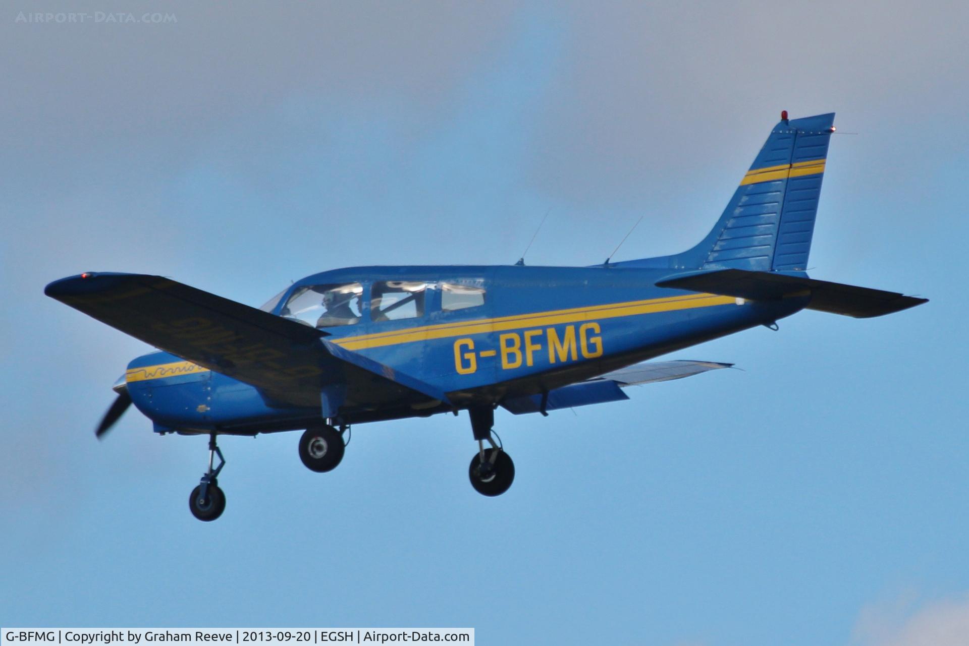 G-BFMG, 1977 Piper PA-28-161 Cherokee Warrior II C/N 28-7716160, About to land.