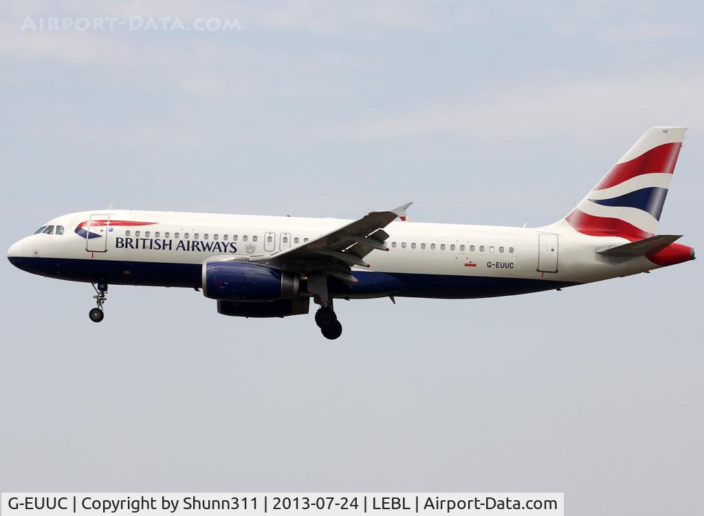G-EUUC, 2001 Airbus A320-232 C/N 1696, Landing rwy 25R with additional logo near titles...
