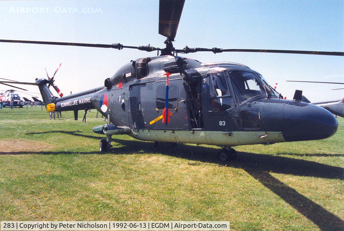 283, Westland SH-14D Lynx C/N 219, SH-14D Lynx , callsign NRN 705, of 860 Squadron Royal Netherlands Navy on display at the 1992 Air Tournament International at Boscombe Down.