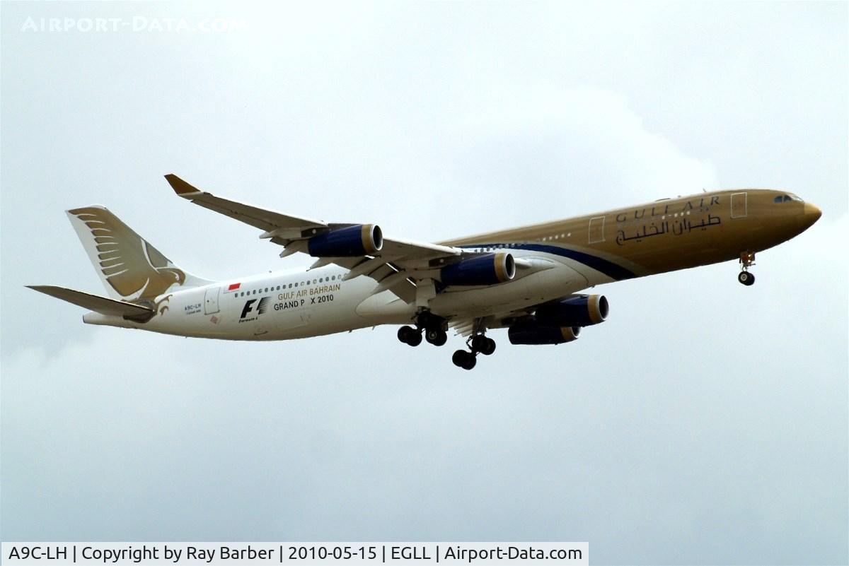 A9C-LH, 1998 Airbus A340-313X C/N 215, Airbus A340-313X [215] (Gulf Air) Home~G 15/05/2010. On approach 27L  wearing Formula 1 Grand Prix titles missing r and i out of Prix.