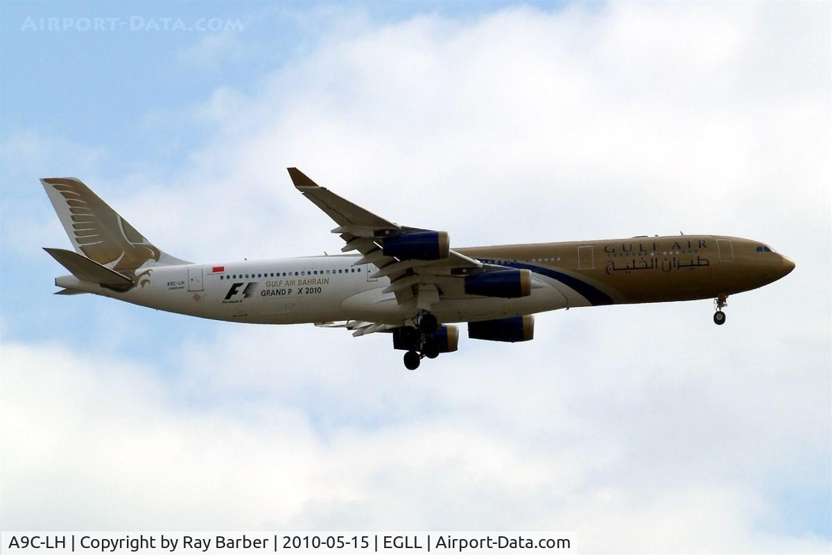 A9C-LH, 1998 Airbus A340-313X C/N 215, Airbus A340-313X [215] (Gulf Air) Home~G 15/05/2010. On approach 27L  wearing Formula 1 Grand Prix titles missing r and i out of Prix.