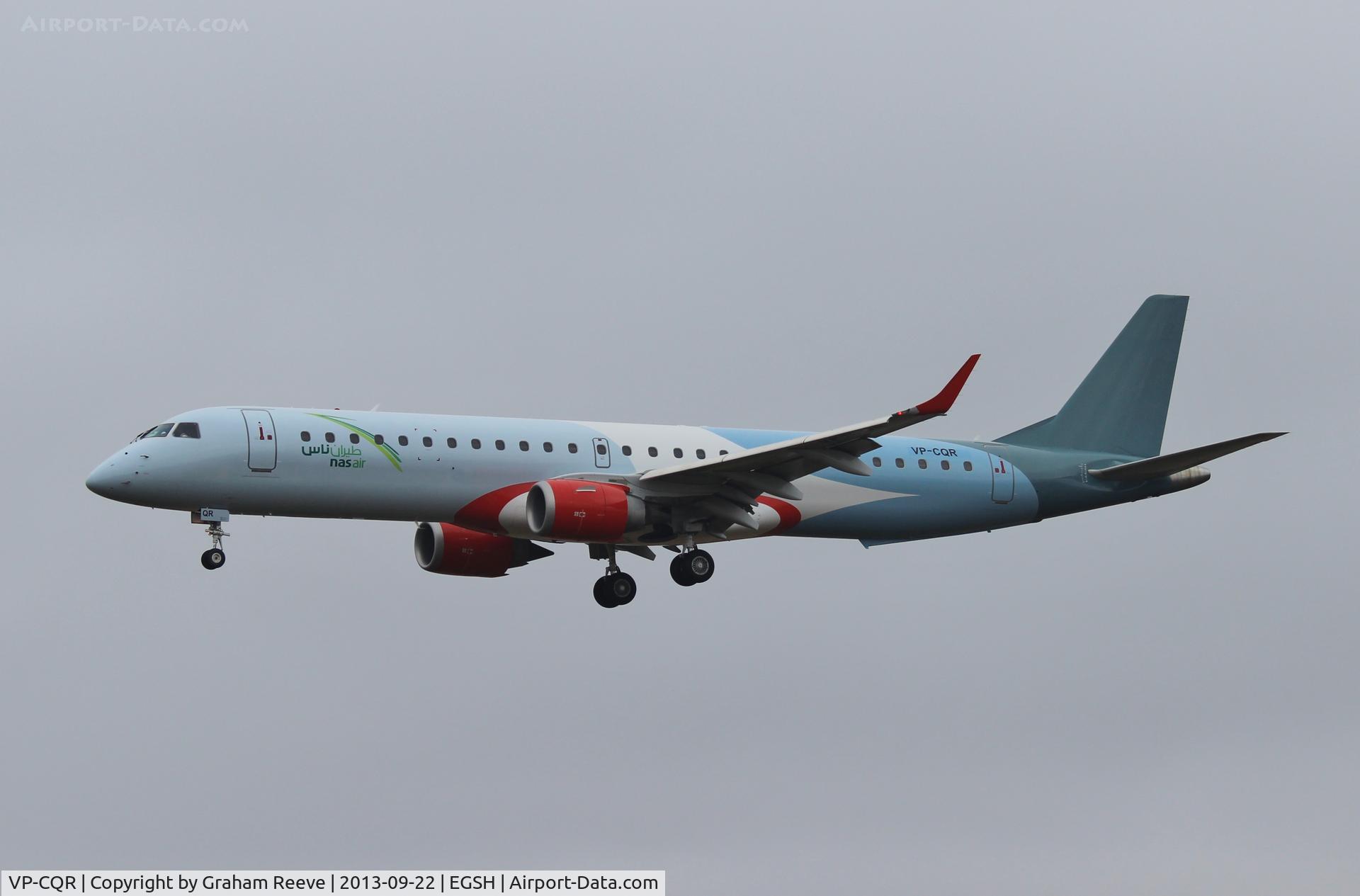 VP-CQR, 2008 Embraer 195LR (ERJ-190-200LR) C/N 19000169, About to land at Norwich.