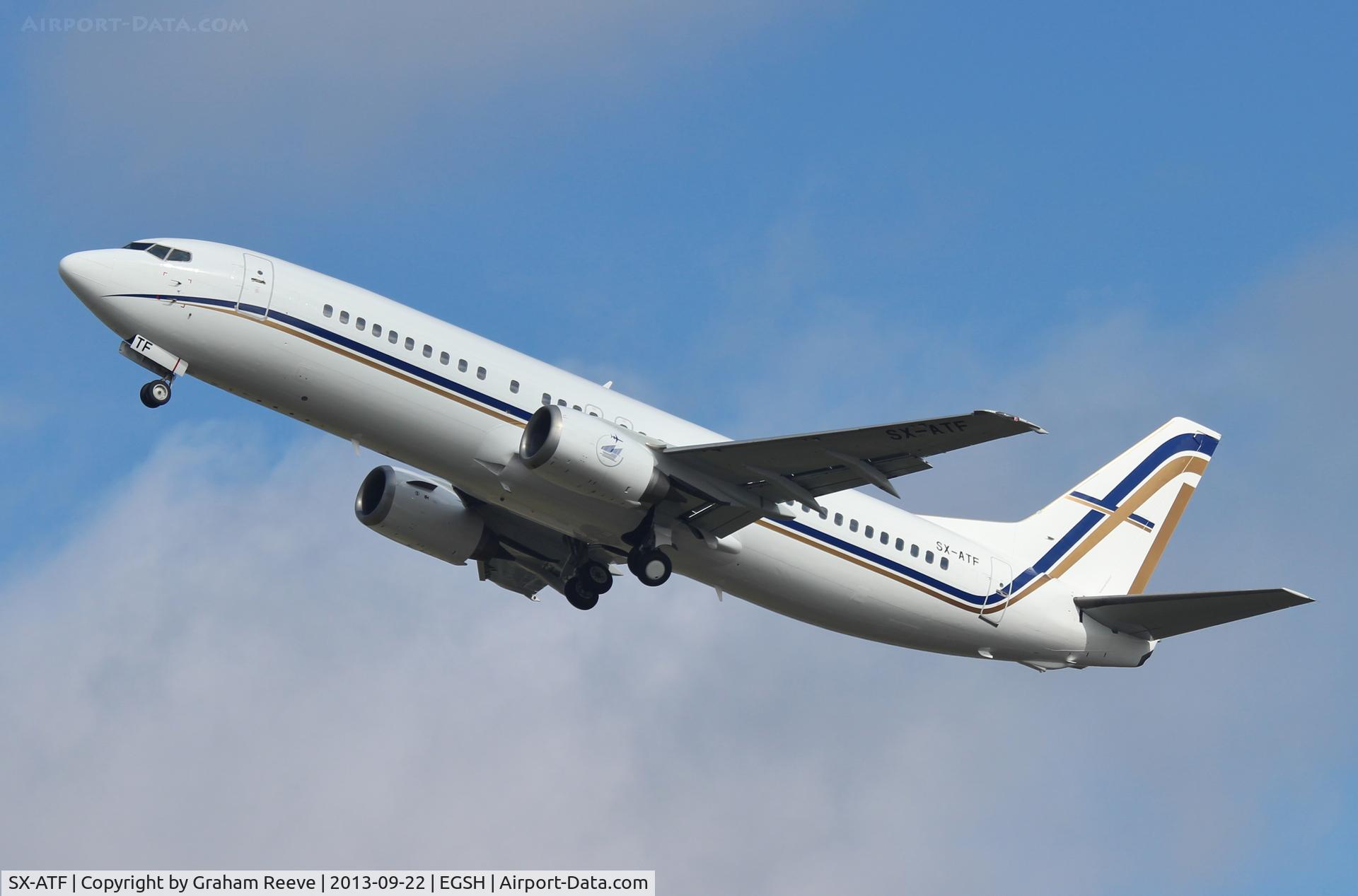 SX-ATF, 1992 Boeing 737-406 C/N 25423, Departing frm Norwich.