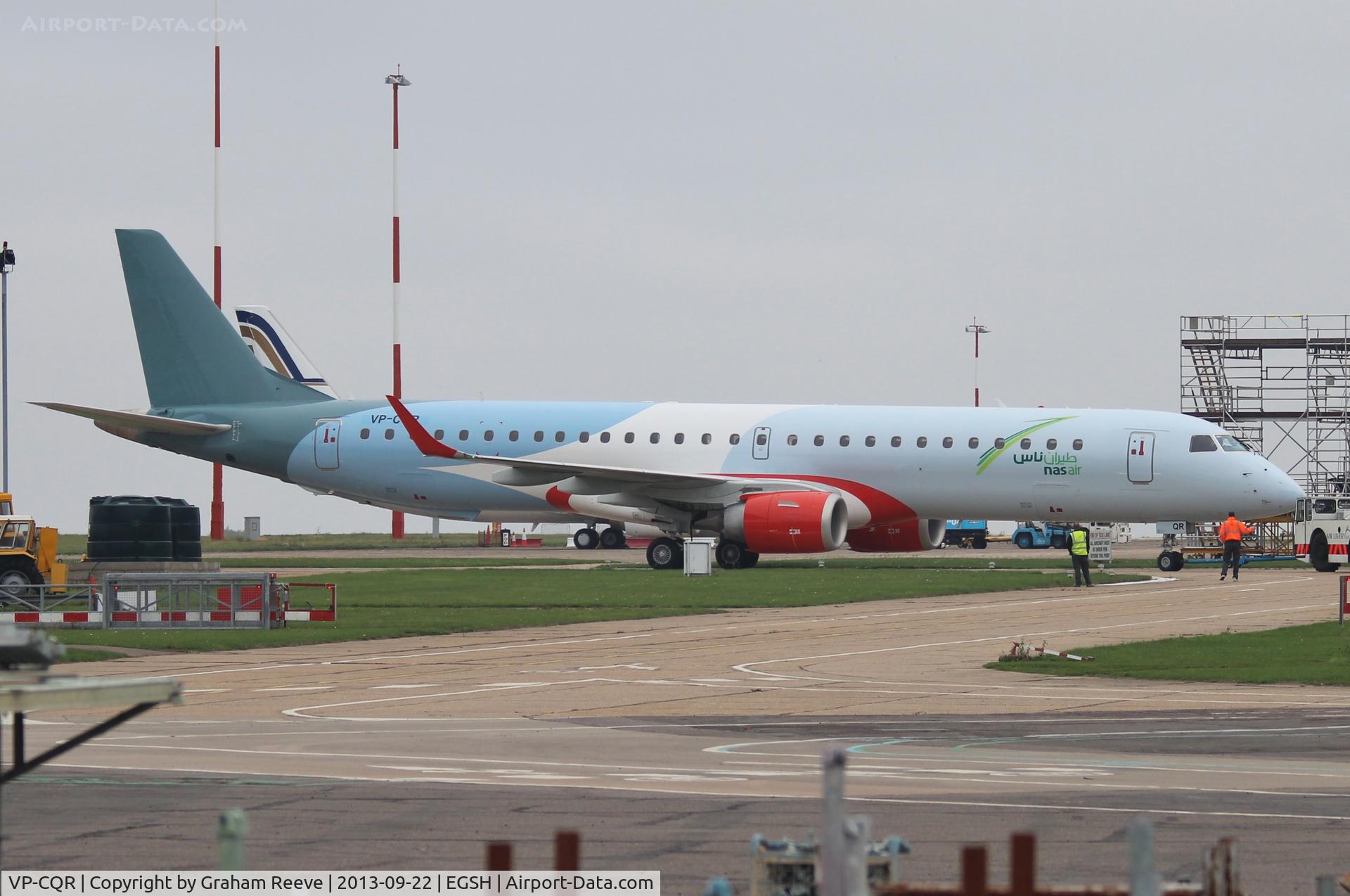 VP-CQR, 2008 Embraer 195LR (ERJ-190-200LR) C/N 19000169, Under tow at Norwich.