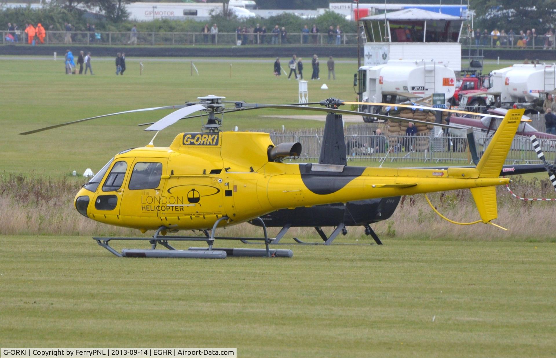 G-ORKI, 2002 Eurocopter AS-350B-3 Ecureuil Ecureuil C/N 3587, London Helicopter AS350 parked in Goodwood. Re-registered to G-ERKN on 9-17-2013.