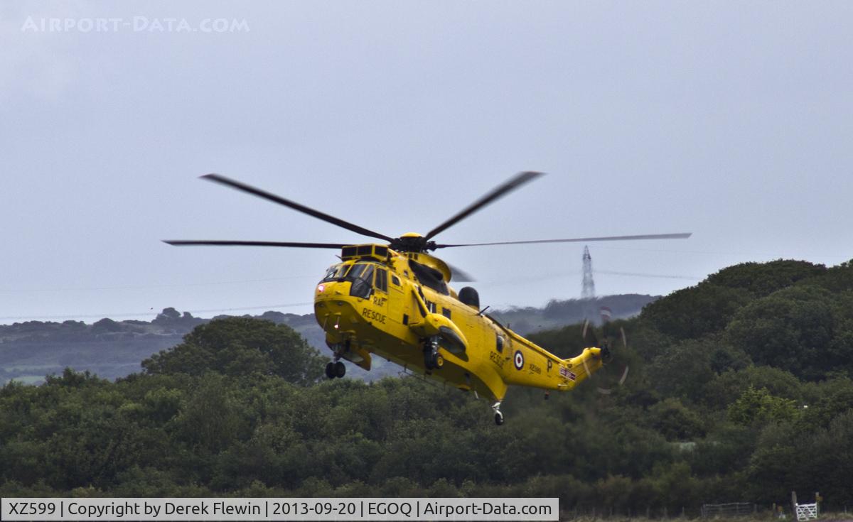 XZ599, 1978 Westland Sea King HAR.3 C/N WA865, Sea King HAR.3 Coded P, C Flight 22 Sqn doing fast run in and stops at RAF Mona Anglesey.