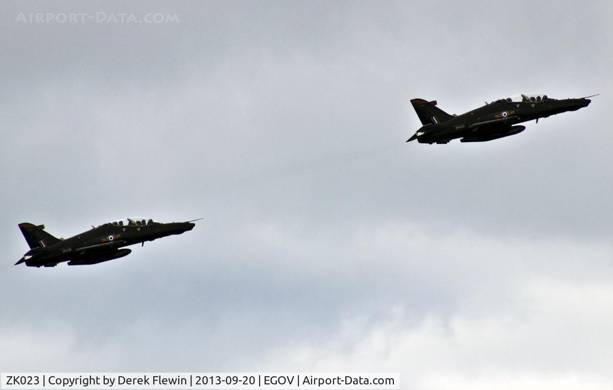 ZK023, 2009 British Aerospace Hawk T2 C/N RT014/1252, Hawk T2's of 4(R) Sqn ZK023/N and ZK036/AA taking off from runway 32 at RAF Valley Anglesey.