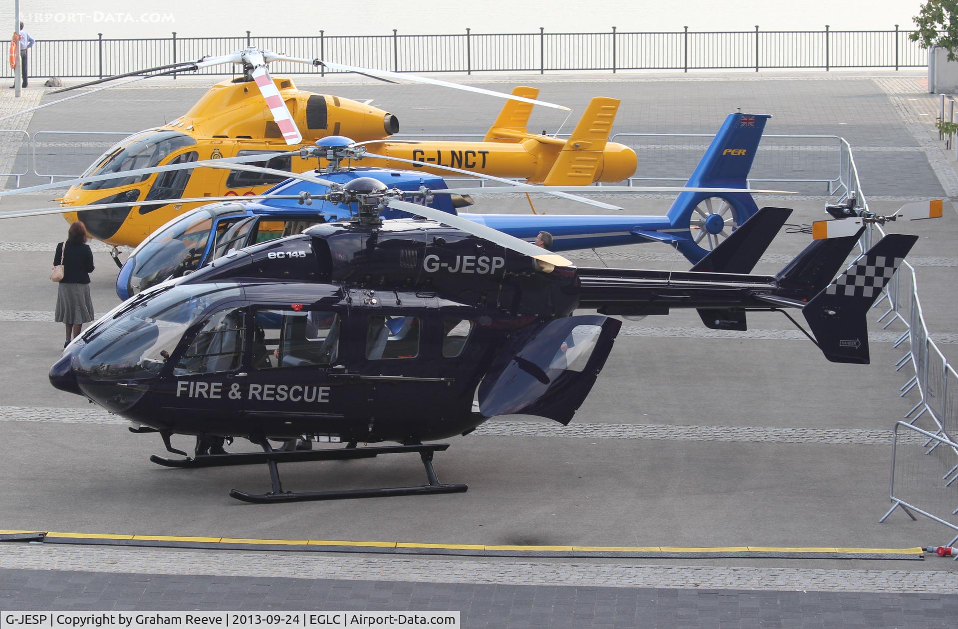 G-JESP, 2013 Eurocopter EC-145 (BK-117C-2) C/N 9570, Parked at Helitech 2013 at the ExCel centre next to London City Airport.