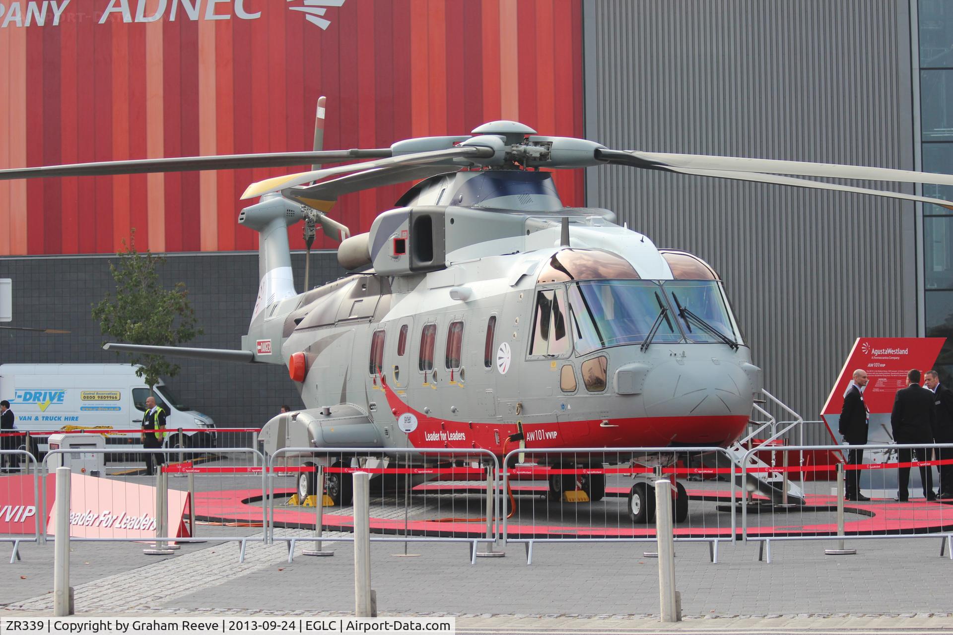 ZR339, AgustaWestland AW-101 Mk641 C/N 50243, On display at Helitech 2013. The aircraft shows no markings nor serial numbers but appears on the net as ZR339.