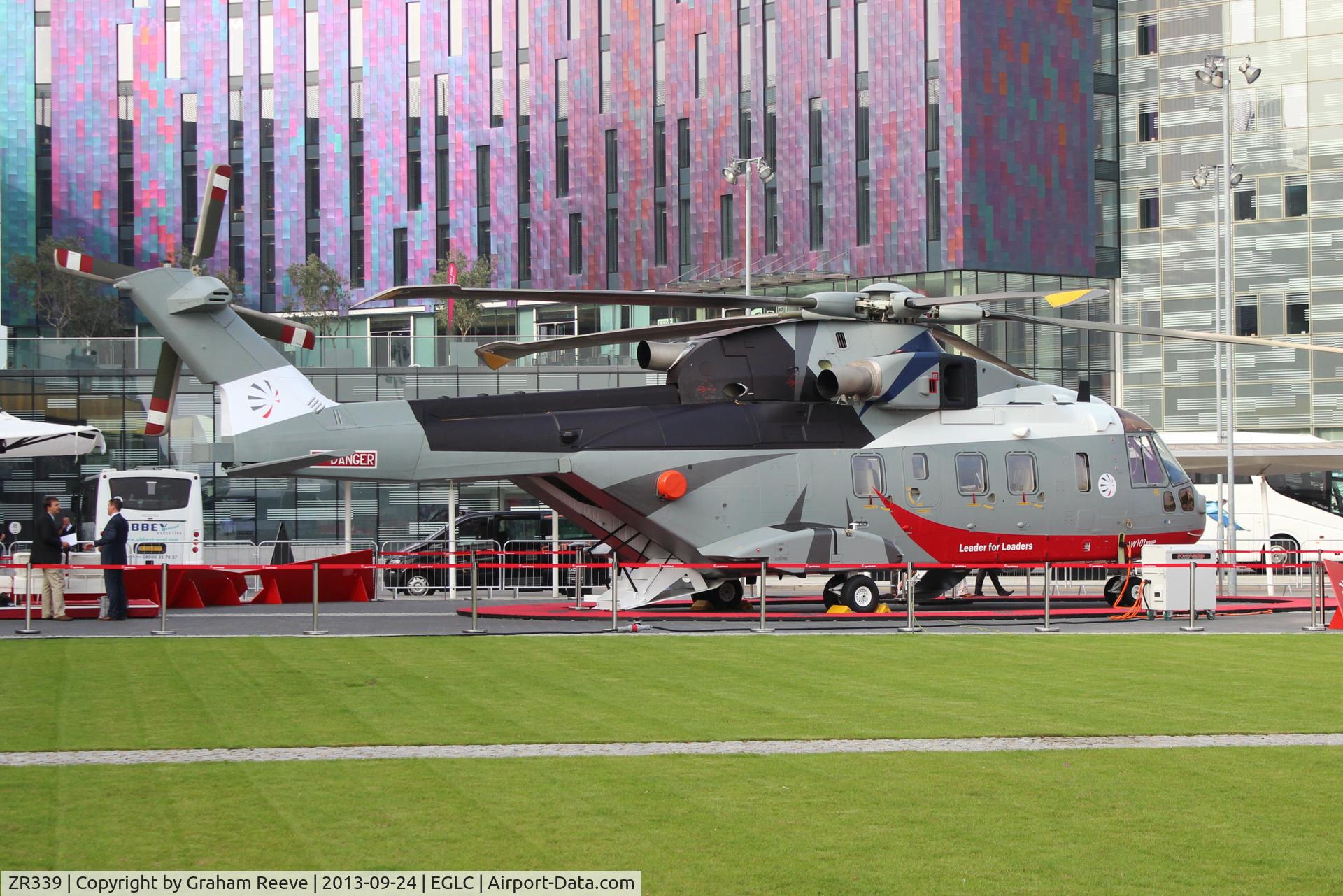 ZR339, AgustaWestland AW-101 Mk641 C/N 50243, On display at Helitech 2013. The aircraft shows no markings nor serial numbers but appears on the net as ZR339