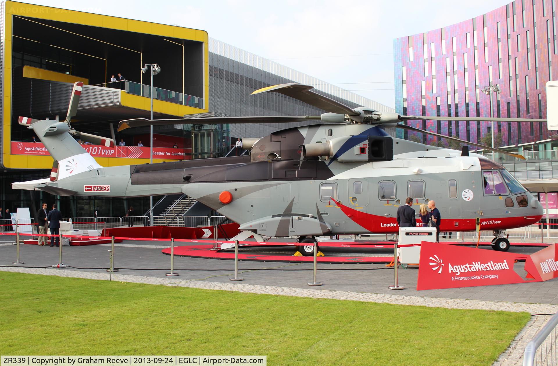ZR339, AgustaWestland AW-101 Mk641 C/N 50243, On display at Helitech 2013. The aircraft shows no markings nor serial numbers but appears on the net as ZR339