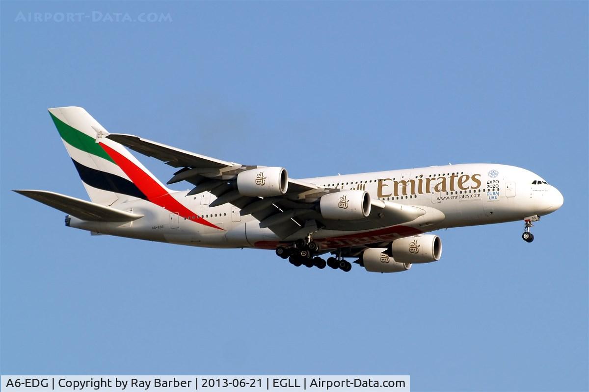 A6-EDG, 2009 Airbus A380-861 C/N 023, Airbus A380-861[023] (Emirates Airlines) Home~G 21/06/2013. On approach 27L wearing 