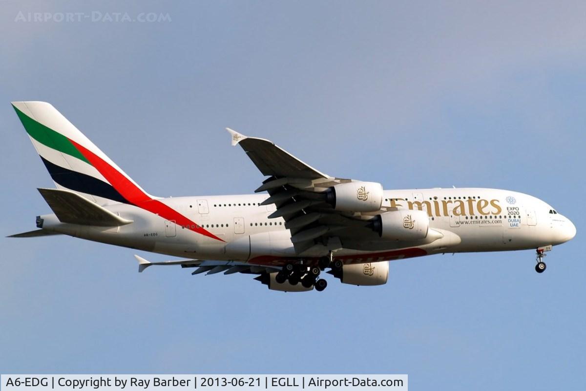 A6-EDG, 2009 Airbus A380-861 C/N 023, Airbus A380-861[023] (Emirates Airlines) Home~G 21/06/2013. On approach 27L wearing 