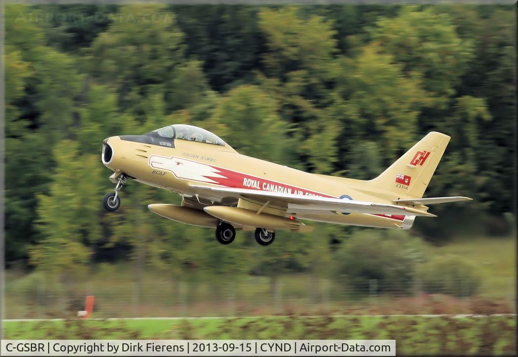 C-GSBR, 1954 Canadair CL-13 Sabre 5 C/N 1104, leaving the runway for it's aerial display at the 2013 edition of the Vintage Wings of Canada Air-show.