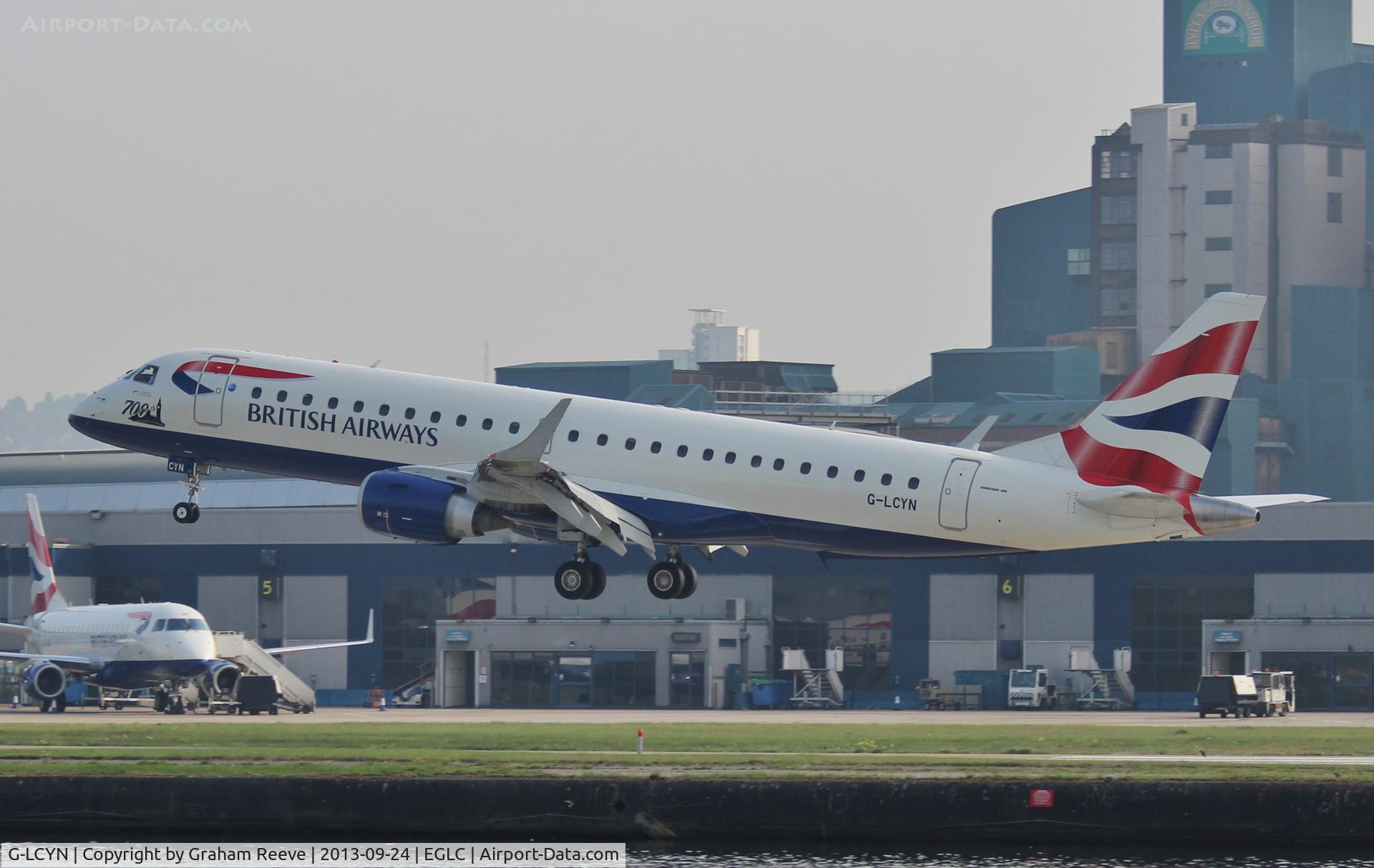 G-LCYN, 2010 Embraer 190SR (ERJ-190-100SR) C/N 19000392, About to touch down at London City Airport.