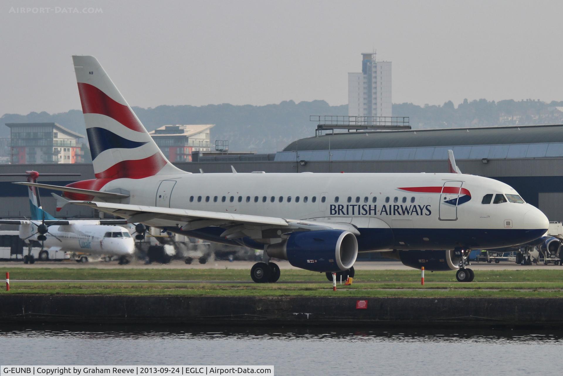 G-EUNB, 2009 Airbus A318-112 C/N 4039, About to depart from London City Airport.